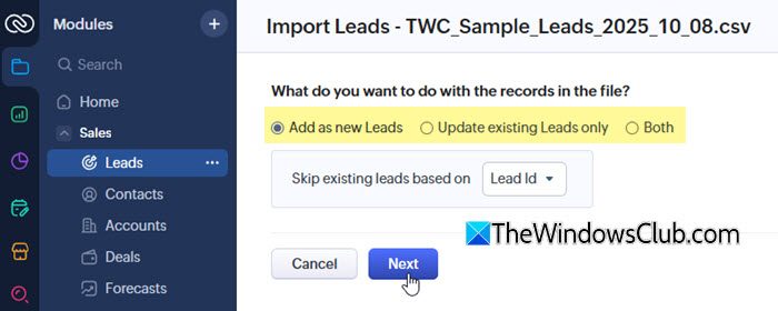 Import leads as option
