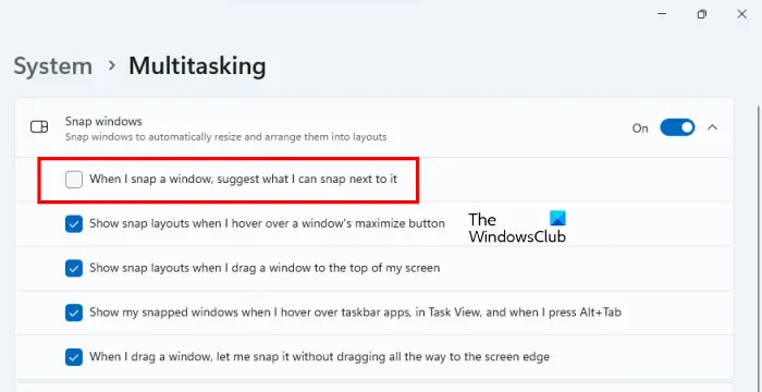 Turn off Snap Assist Windows 11