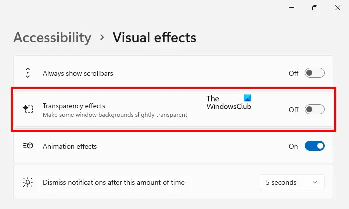 Turn off Transparency effects Windows 11