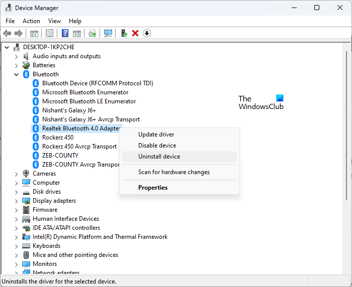 Uninstall and reinstall Bluetooth adapter