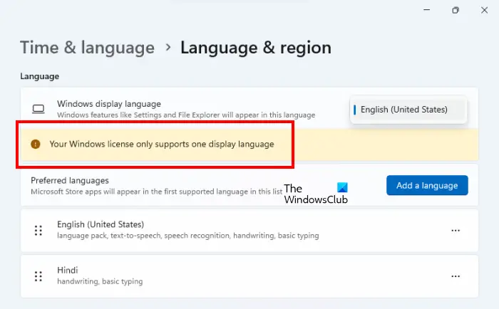 Windows license supports only one display language