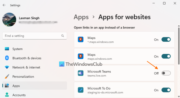 disable apps for websites settings app