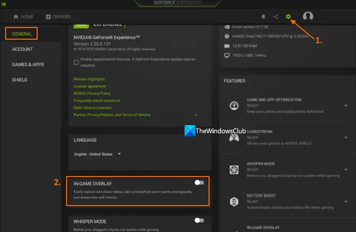 Disable GeForce Experience in-game overlay