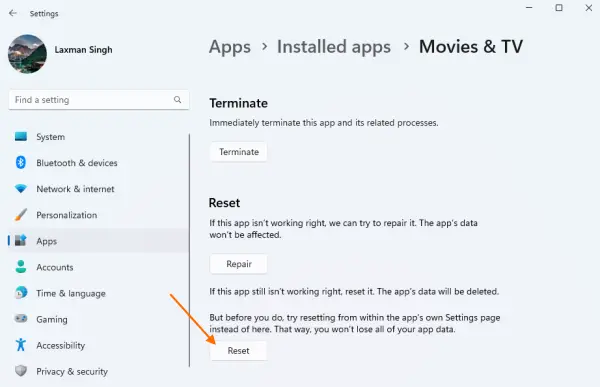 reset movies and tv app
