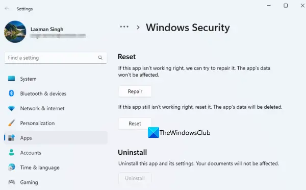 reset windows security