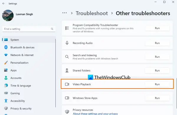run video playback troubleshooter
