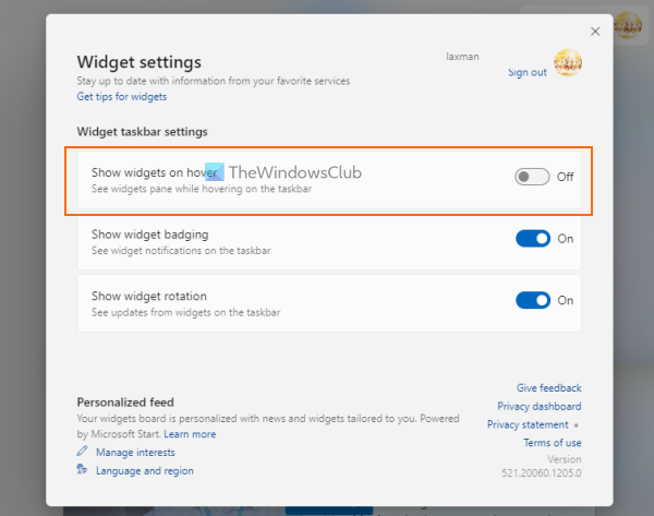 toggle show widgets on hover option
