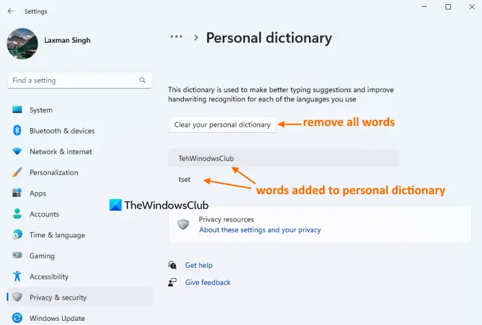 view and clear personal dictionary settings app