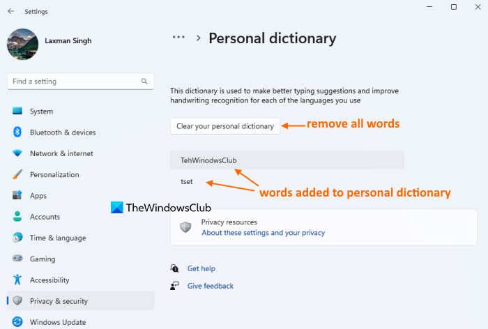 view and clear personal dictionary settings app view and clear personal dictionary settings app