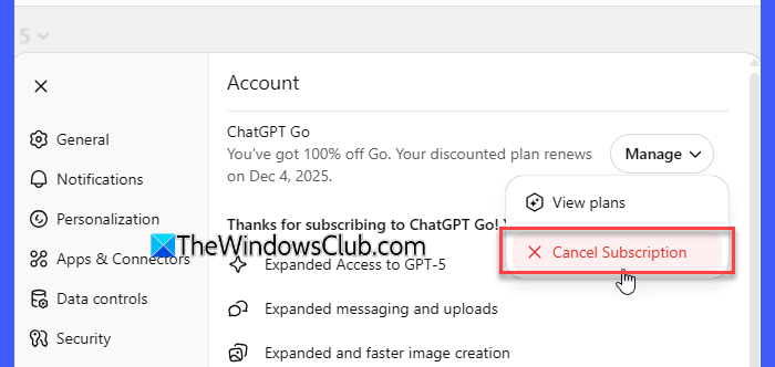 Cancel ChatGPT Go Cancel ChatGPT Go
