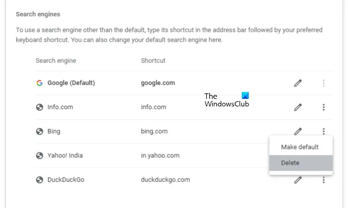 Delete search engines in Chrome
