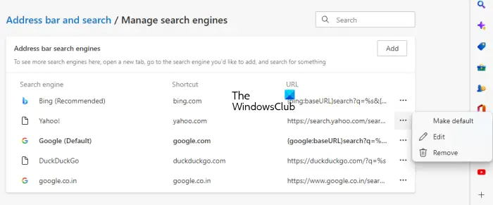 Remove search engines in Edge