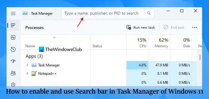 habilitar y usar la barra de búsqueda en el administrador de la barra de tareas de Windows 11