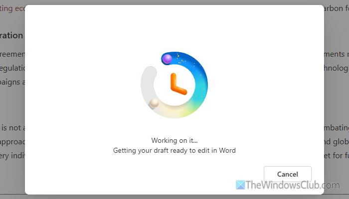 Copilot stuck at Getting your draft ready to edit in Word