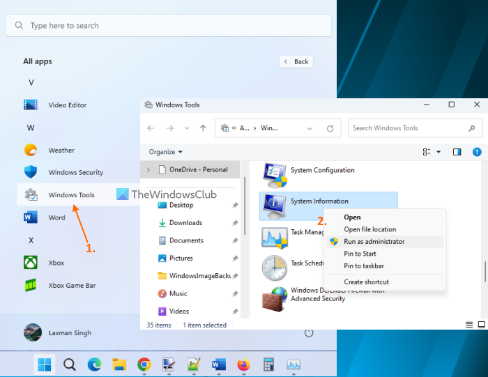 launch system information panel using start menu