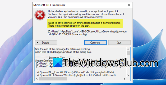 Microsoft .NET Framework Unhandled exception, no disk space