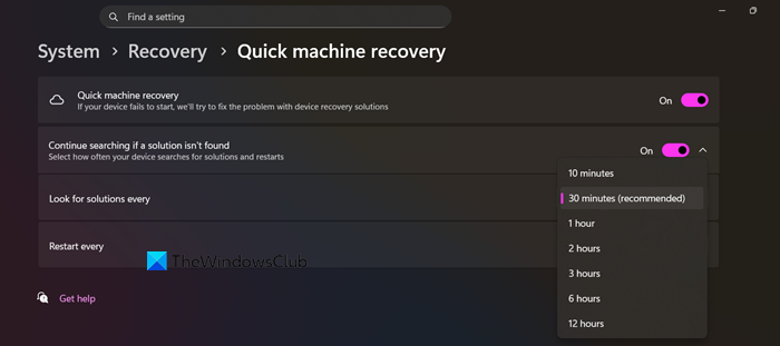 configure Quick Machine Recovery Settings in Windows 11