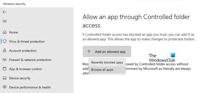 Allow blocked app through Controlled folder access