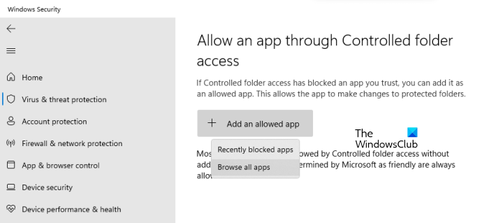 Allow blocked app through Controlled folder access