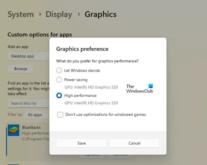 Change Graphics preference to High Performance for BlueStacks