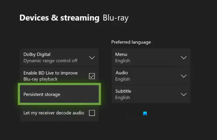 Clear persistent storage Xbox