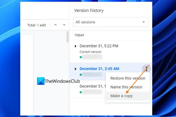 Create copy of previous version Google Docs