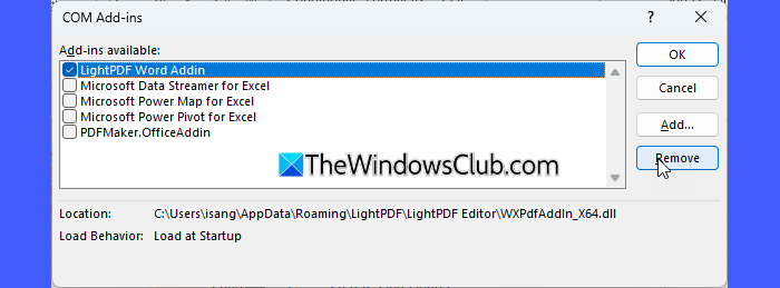 Disable COM Add-in
