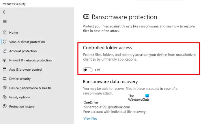 Disable Controlled folder access Windows Security