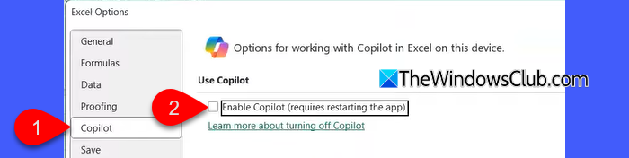 Schakel Copilot in Excel-opties in