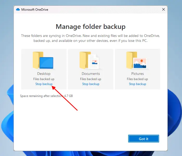 Disable Desktop folder backup in OneDrive settings