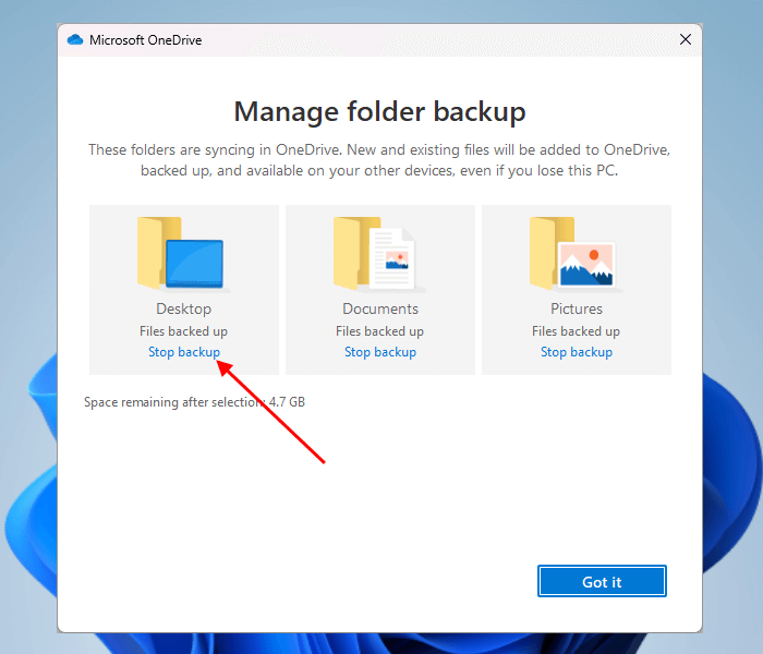 Disable Desktop folder backup in OneDrive settings