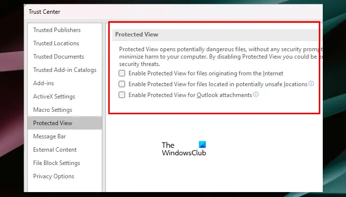 Disable Protected View in Excel