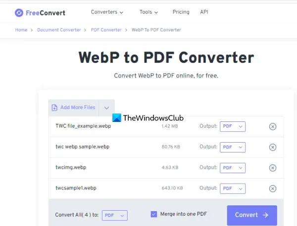 FreeConvert online WebP to PDF converter