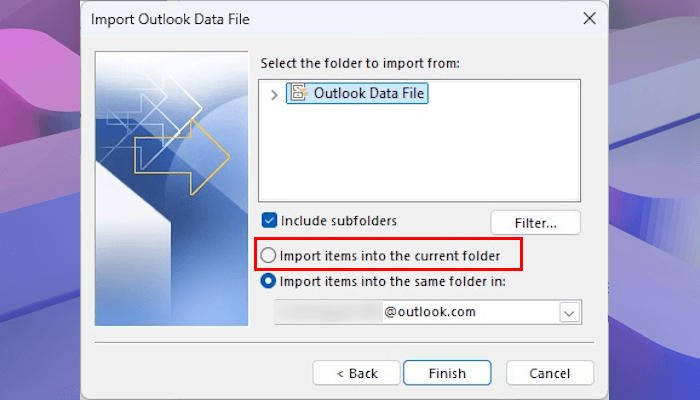 Import items into current folder Outlook