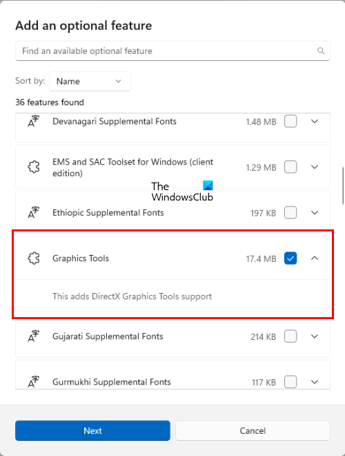 Install Graphics Tools optional feature Windows 11
