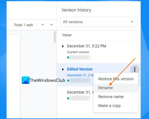 Rename a version in Google Docs