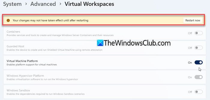 Restart notification for virtualization setting Restart notification for virtualization setting