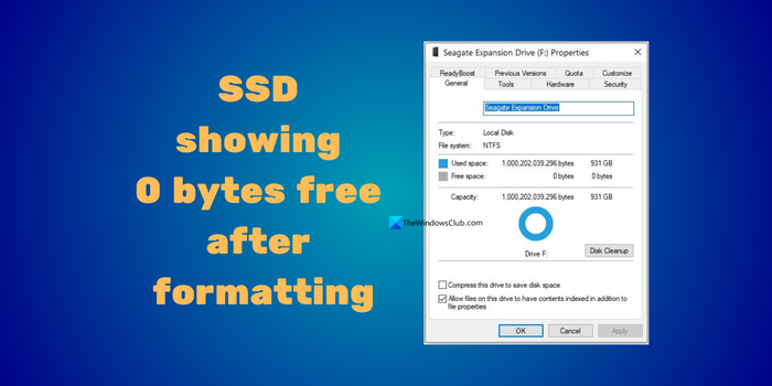 SSD showing 0 bytes free after formatting