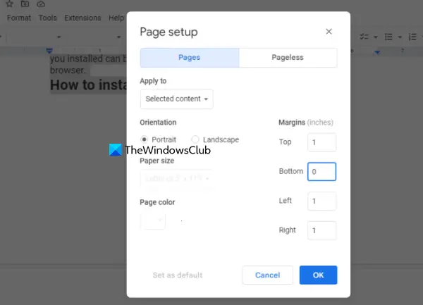 change page setup in google docs