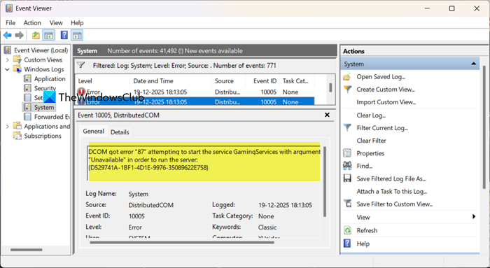 DCOM got error "87" attempting to start the service GamingServices