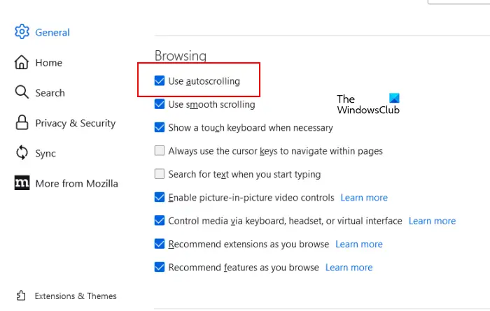 enable auto scrolling feature in Firefox