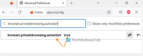 firefox advanced preferences always start private mode