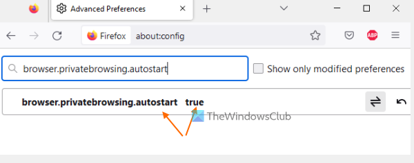 firefox advanced preferences always start private mode