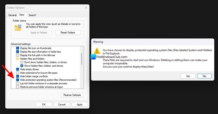 hide system files on folder options