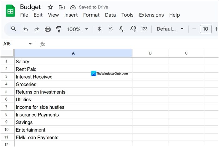 Categories sheet on Google Sheets