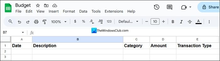 Columns in income and expenses sheet