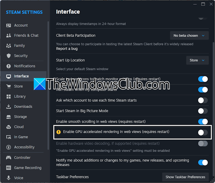 Disable GPU acceleration in Steam