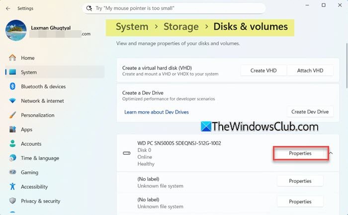 Disks and volumes settings Disks and volumes settings