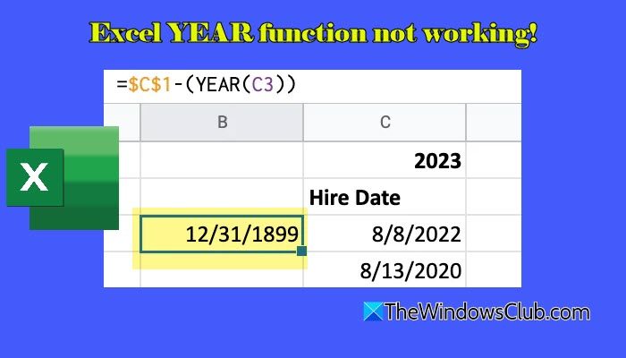 Excel YEAR function not working