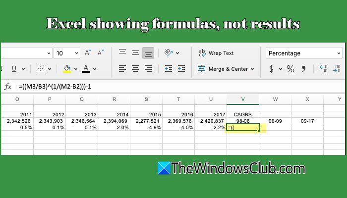 Excel showing formulas, not results
